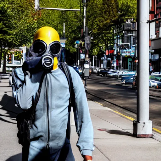 Prompt: man in a gasmask screaming walking down the streets of seattle, sunlight, sunny day, smoke, full shot