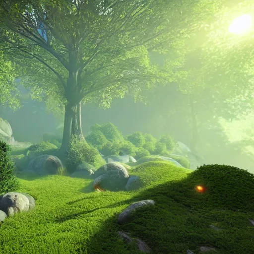 Image similar to green and healthy terrain, enveloping nature, colored point lights, volumetric lighting, unreal engine, 8K,