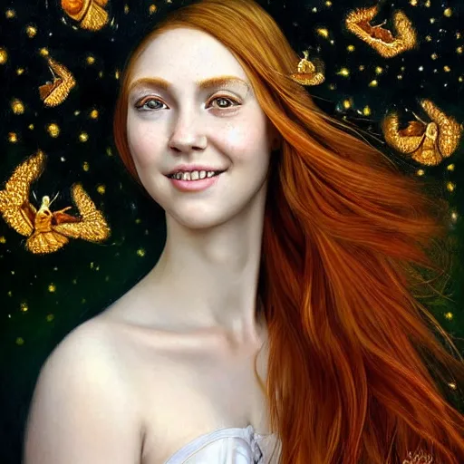 Prompt: a highly detailed, hyper realistic, portrait with torso of a red haired young woman, among wonderful golden fireflies, long hair, green eyes, hint of freckles, round gentle face, cheeky smile, white romantic dress with intricate details, deep focus, elegant, digital painting, smooth, sharp, golden ratio, illustration, art by artgerm and caravaggio