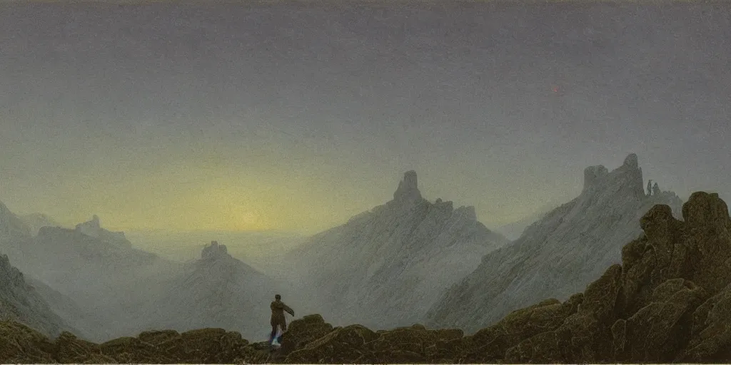 Image similar to small male figure in epic foggy mountainscape, expansive view, dozens of thin glowing straight lines extend from ground into the sky, by Caspar David friedrich