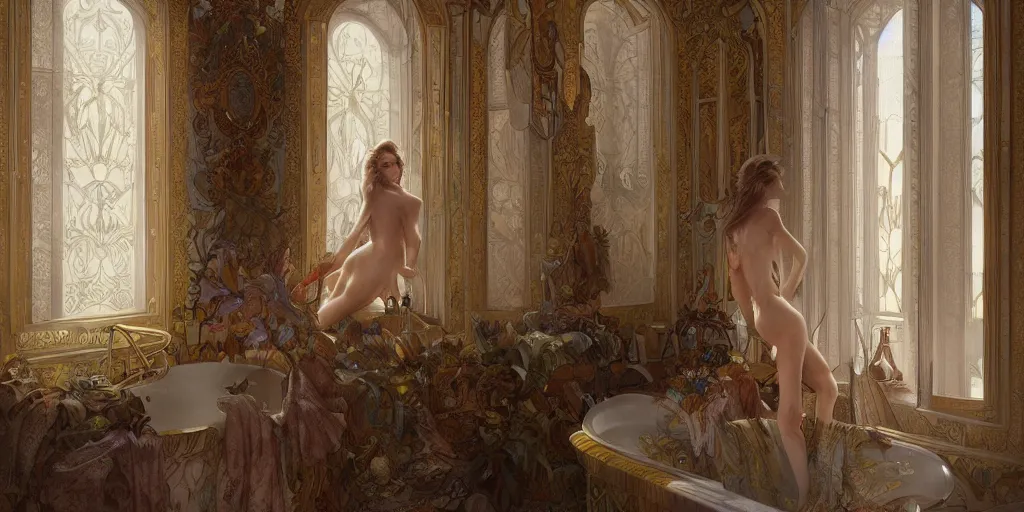 Image similar to in the bathroom of an incredible palace with the beautiful Natalia Vodianova, greg rutkowski and alphonse mucha, matte painting, artstation, illustration