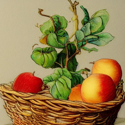 Prompt: a painting of a basket of apples and a can of yogurt, a still life by Beatrix Potter, featured on deviantart, naive art, storybook illustration, watercolor, photoillustration