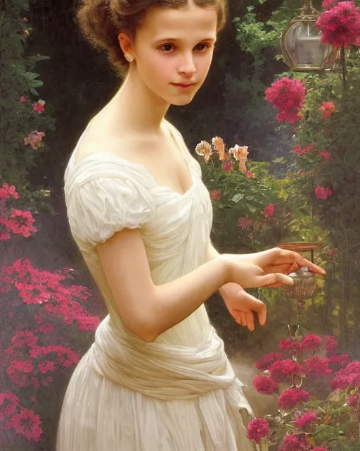 Image similar to a well - lit portrait painting of a shy, blushing 1 6 - year old alicia vikander or millie bobby brown as a ballerina in her flower garden with lanterns at night, intricate, elegant, highly detailed, artstation, concept art, by krenz cushart and donato giancola and william adolph bouguereau and alphonse mucha