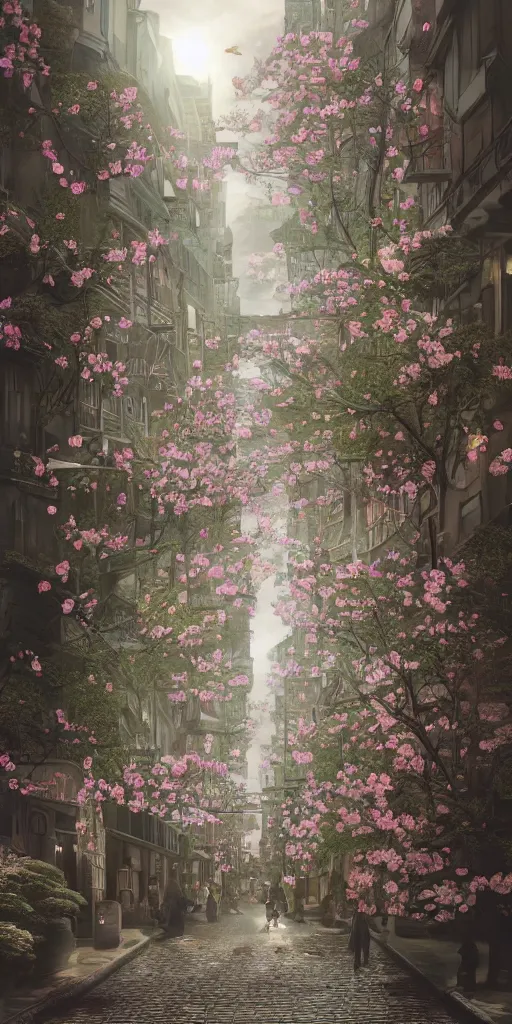 Prompt: ' downtown city made out of newspaper, paper origami, many sakura origami roses, city background, ethereal, fantasy, Lawrence Alma-Tadema, James Jean, oozium, peter morbacher, angelarium, alchemy, luxury, heavenly light, Soft illumination, Trending on artstation, Cinematic Lighting, very detailed, 3D, octane render, artgerm'