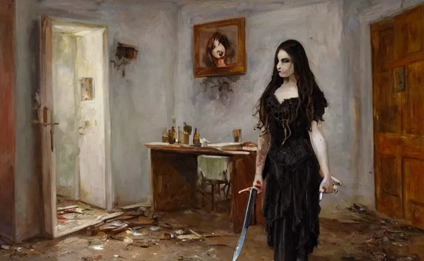 Prompt: Gothic girl holding a knife and standing on an abandoned hospital room. By Konstantin Razumov, highly detailded