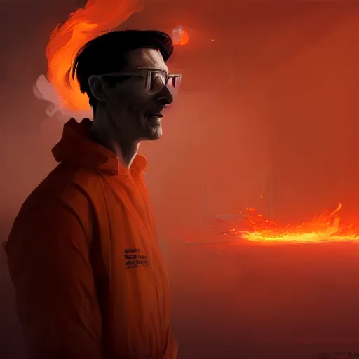 Image similar to commission portrait of a man in an orange jumpsuit,running away from smoke in a laboratory.,character design by charles bowater,greg rutkowski,ross tran,hyperdetailed,hyperrealistic,4k,deviantart,artstation,professional photography,concept art