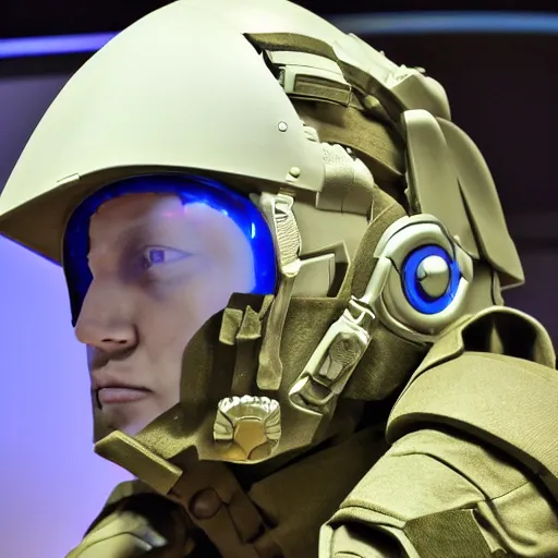 Image similar to a futuristic soldier captain with a metal visor and a blue shoulderpad