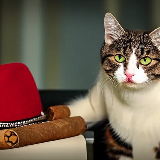 Image similar to cat with red eyes and a hat while holding a gun and smoking a cigar