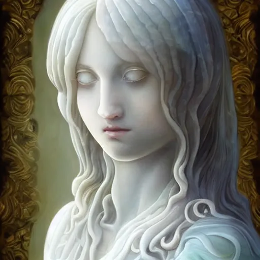 Image similar to “a delicate renaissance marble sculpture covered with water veil, highly detailed transparent marble cloth, a beautiful girl with long black hair in, island background, intricate, highly detailed, digital painting, artstation, official media, anime key visual, concept art, rich vivid colors, ambient lighting, sharp focus, illustration, art by Artgerm, Makoto Shinkai, Ilya Kuvshinov, Lois Van Baarle, and Rossdraws, gi, global illumination, physically based rendering, photorealistic, top light , dark background”