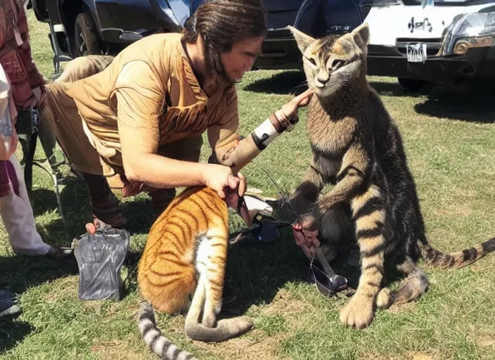 Image similar to A demonstration of how to properly pet a Khajiit caravanner right between their two perked ears to earn an expression of bemusement.