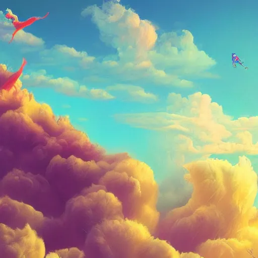 Image similar to puma puffy clouds, james jean style, vfx art, unreal engine render, claymation style, colourful, volumetric light, digital painting, digital illustration, dramatic light,