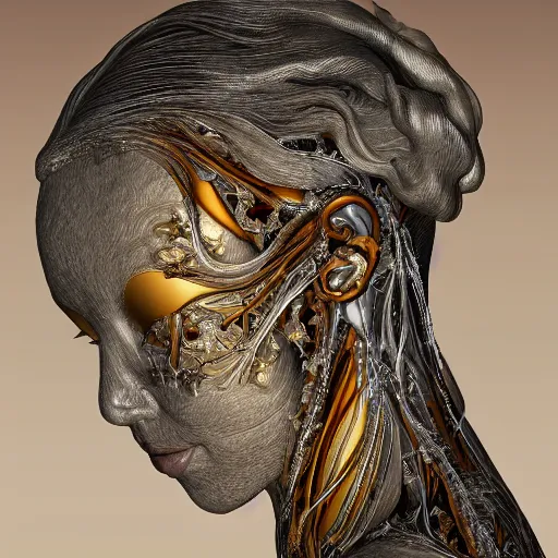 Image similar to beatifull face portrait of a woman, 150 mm, anatomical, flesh, flowers, mandelbrot fractal, facial muscles, veins, arteries, intricate, golden ratio, full frame, microscopic, elegant, highly detailed, ornate, ornament, sculpture, elegant , luxury, beautifully lit, ray trace, unreal, 3d, PBR, in the style of peter Gric , alex grey and Romero Ressendi