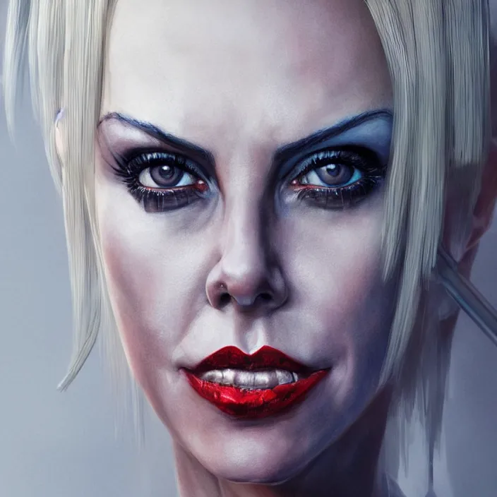 Image similar to portrait of Charlize Theron as a harley quinn. intricate abstract. intricate artwork. by Tooth Wu, wlop, beeple, dan mumford. octane render, trending on artstation, greg rutkowski very coherent symmetrical artwork. cinematic, hyper realism, high detail, octane render, 8k, iridescent accents