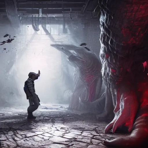 Image similar to a man horrified in a dark basement filled with monsters of unknown power, volumetric lighting, 8 k octane beautifully detailed render, post - processing, extremely hyper - detailed, intricate, epic composition, cinematic lighting, masterpiece, trending on artstation, detailed detailed detailed, masterpiece, beautiful cinematic light,