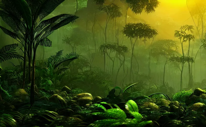 Image similar to a beautiful render of a prehistoric rainforest, lush flora, dark green, orange, intricate detail, sunset, hazy, volumetric lighting, 8 k, photorealistic, raytracing effects, unreal engine 5