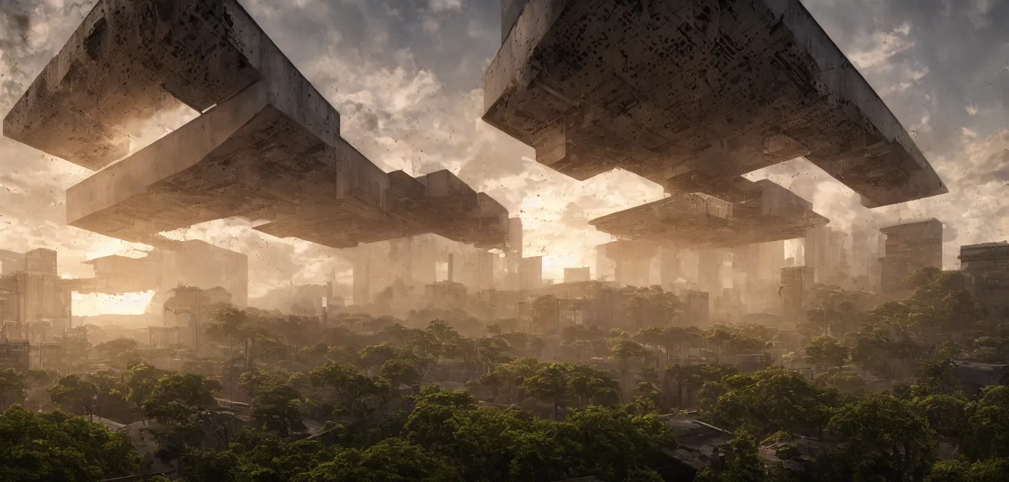 Prompt: brutalist architecture, surrounded by lush green vegetation, stunning volumetric lighting, sunset, rusted metal, concrete, stunning skies, 8k, photorealistic, hyper detailed, unreal engine 5, IMAX quality, cinematic, epic lighting, digital painting in the style of DOOM, by Greg Rutkowski, trending on Artstation