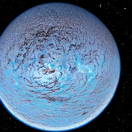 Image similar to a picture of an alien planet, taken from orbit, dark blue planet, red narrow lava rivers, center of the frame