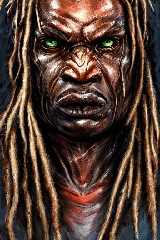 Image similar to predator 1 9 8 7 face redesign, portrait, highly detailed, dreadlocks, mandables, digital painting, trending on artstation, concept art, illustration