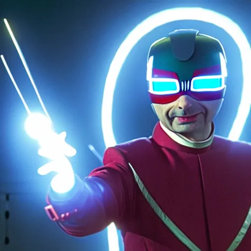 Image similar to mr. bean as powerranger. movie still. cinematic lighting.