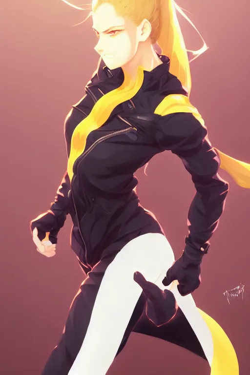 Image similar to black ponytail hair, pale woman in a black zipper jacket, yellow eyes, by artgerm, hair tied in a ponytail, white backdrop, soft lighting, fighting pose, dynamic angle, by greg rutkowski makoto shinkai takashi takeuchi