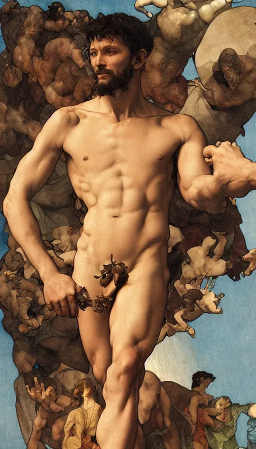 Image similar to Michelangelo\'s David doing American Sign Language, highly detailed, digital painting, artstation, concept art, smooth, sharp focus, illustration, ArtStation, art by artgerm and greg rutkowski and alphonse mucha and J. C. Leyendecker and Edmund Blair Leighton and Katsuhiro Otomo and Geof Darrow and Phil hale and Ashley wood and Ilya repin and Charlie Bowater