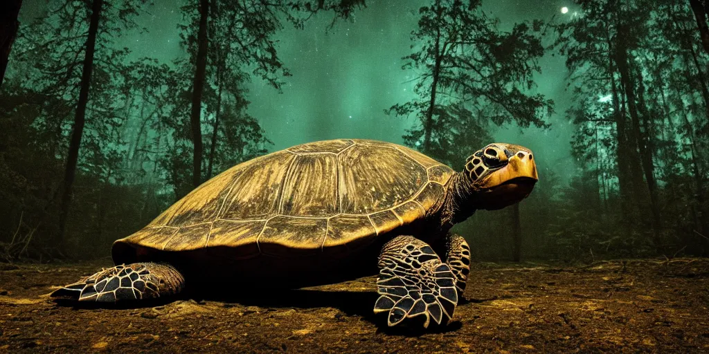 Image similar to huge turtle with in a ancient bioluminescent forest on its back, full moon, moody lighting, 8 k, shallow depth of field, intricate detail,