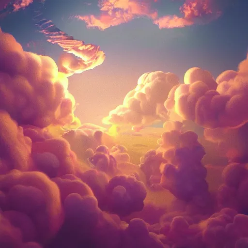 Prompt: puffy chrome clouds, james jean style, claymation style, colourful, volumetric light,, dramatic light, analogue photo, vfx art, digital painting, digital illustration, unreal engine render,