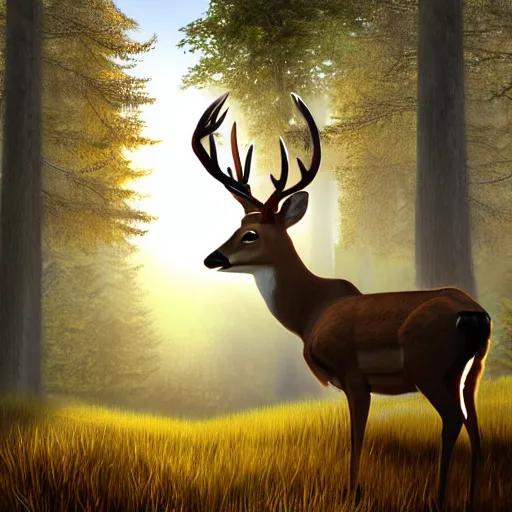 Prompt: realistic proportioed alert buck white tail deer with large antlers standing in the distance on top of a hill with light shining through the trees in the early morning, global illumination, volumetric shadows, volumetric lighting digital painting, trending on artem, trending on deviantart,