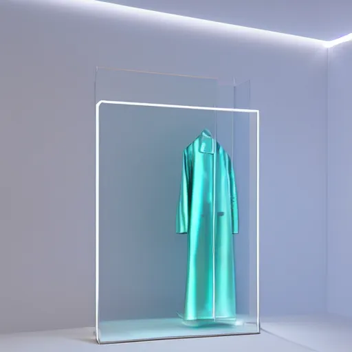 Image similar to an ultra high definition professional studio quality photograph of a transparent iridescent perspex pastel coloured raincoat sculpture on white coat hook in an empty white room. dramatic lighting, ray tracing, refraction, shallow d. o. f, colour corrected, golden ratio, three point light. volumetric shadows. god rays.