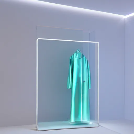 Prompt: an ultra high definition professional studio quality photograph of a transparent iridescent perspex pastel coloured raincoat sculpture on white coat hook in an empty white room. dramatic lighting, ray tracing, refraction, shallow d. o. f, colour corrected, golden ratio, three point light. volumetric shadows. god rays.