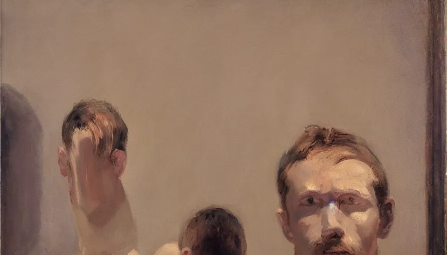 Image similar to painting by borremans, man in front of the mirror, detailed, stunning, dynamic lighting