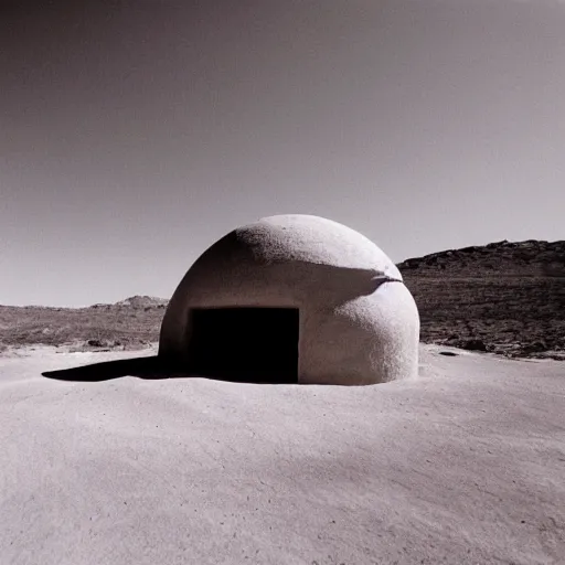 Image similar to an orb-like clay house sitting in the desert, vintage photo, beautiful cinematography, blue sky, film grain