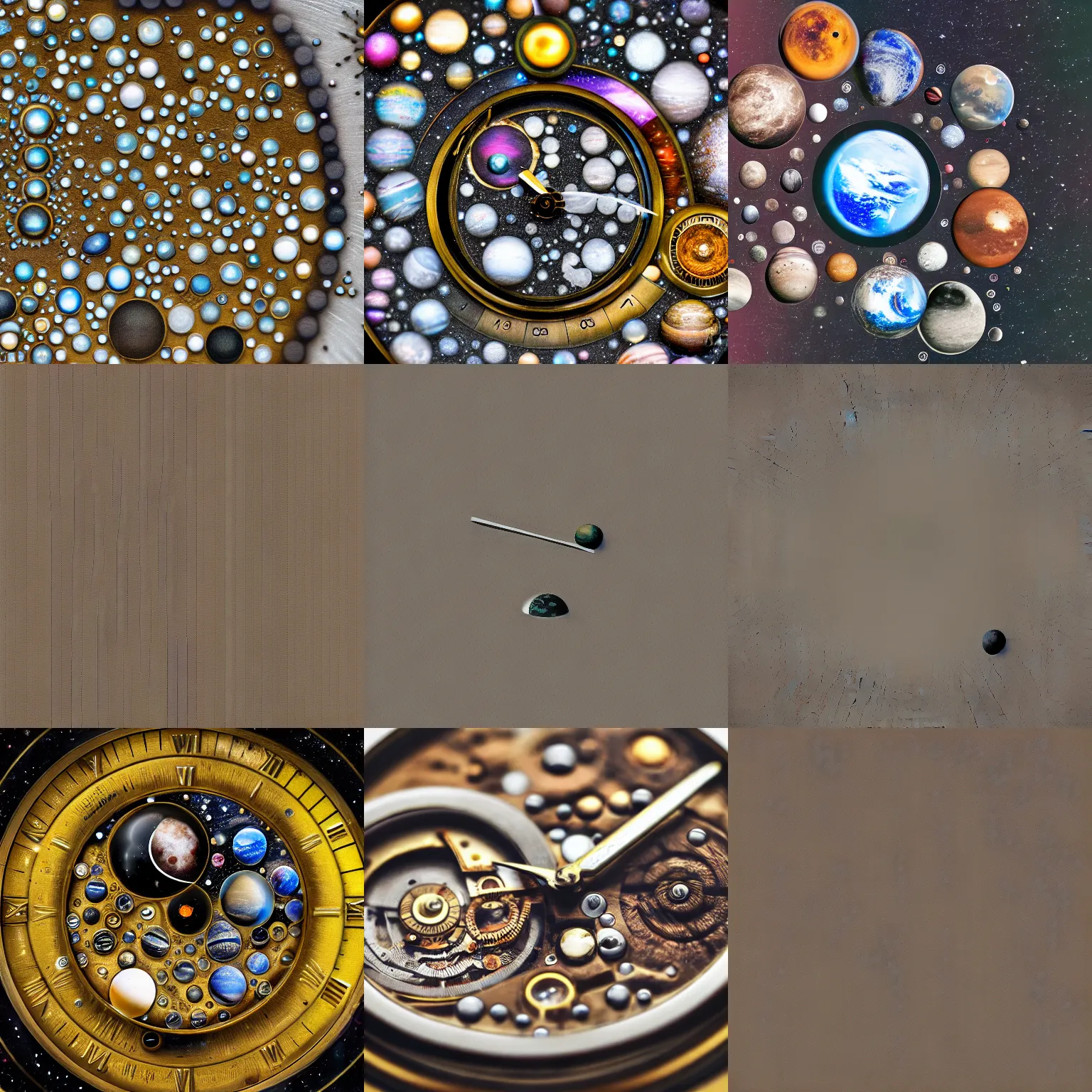 Prompt: Macro photograph of a watch made of planets, moons, miniature cosmos, complexity