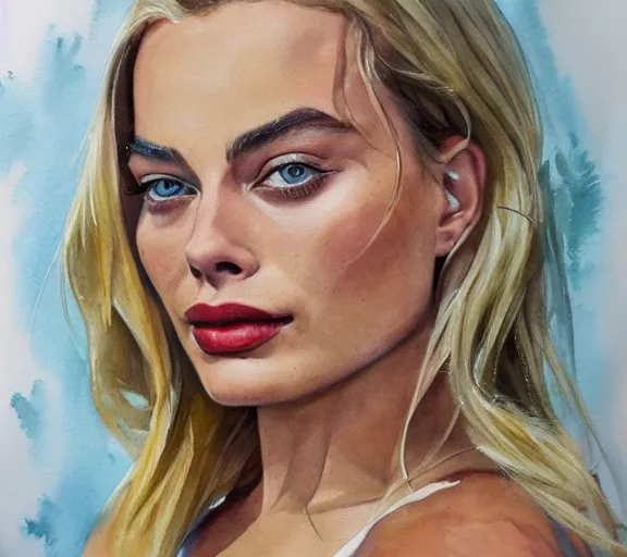 Image similar to A photorealistic portrait of margot robbie, watercolor art, detailed face, highly detailed, trending on artstation