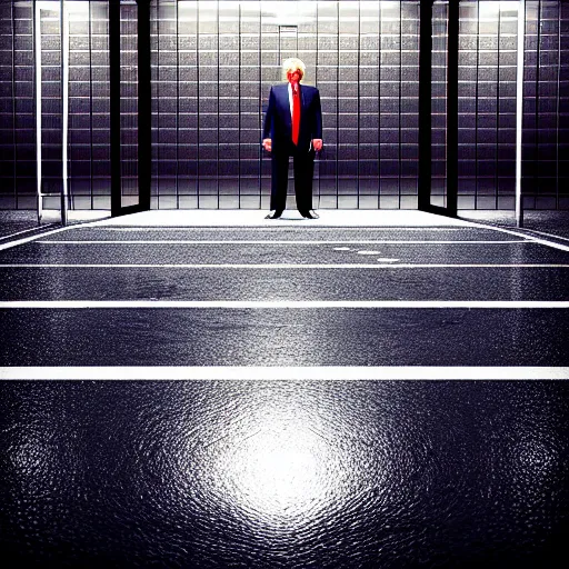 Prompt: vintage instamatic photo of Donald trump in jail, Puddles, parking lot, Isometric 3D, smooth 3D Illustration, Cinematic Matte Painting, volumetric lighting ,