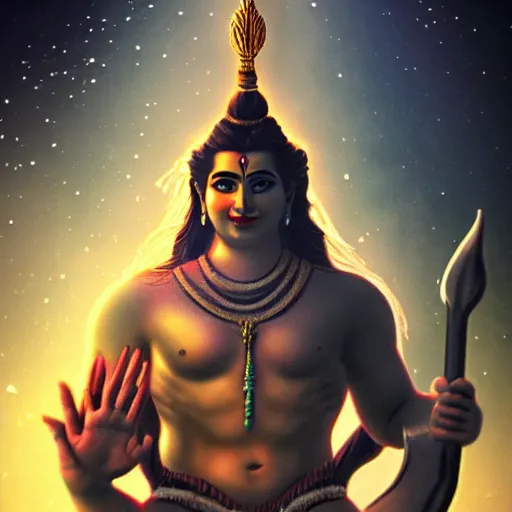 Image similar to Lord Shiva holding trident in the space , glowing effect, universe, concept art trending on artstation , realistic,