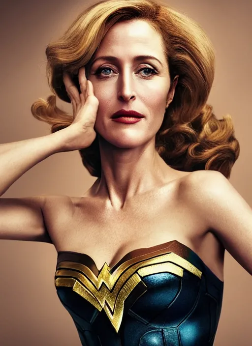 Image similar to photo of a beautiful 4 0 - year - old gillian anderson dressed as wonder woman by mario testino and stanley lau, detailed, award winning, sony a 7 r, trending on artstation