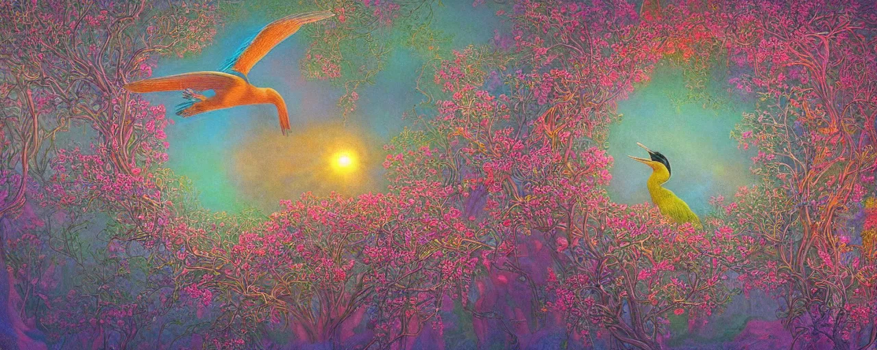 Image similar to a luminous baroque springtime fairytale an of iridescent cormorant bird perched atop the beautiful colorful blooming tree. Glorious heavenly pastel light shining upon and illuminating the impressive symmertrical centered Tree of Life. Paradise Lost, colorized. By Gustave Doré, colorful, light, oil on canvas, light colorful pastel color scheme. Volumetric lighting, rendered with unreal engine 5, Octane, trending of CGSociety. Neon light, masterpiece 4k digital illustration, award winning, Artstation, intricate details, realistic, panoramic view, volumetric lighting, Hyperdetailed, 8k resolution, intricate art nouveau, rendered in Unreal Engine 3