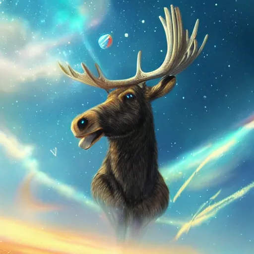 Image similar to a majestic space moose, soaring through space, digital art, trending on artstation