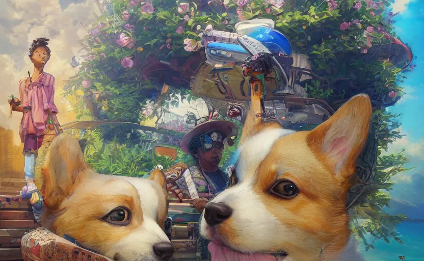 Prompt: beautiful anime painting of sunny hiphop solarpunk summertime chill with corgi, by tim okamura, victor nizovtsev, greg rutkowski, noah bradley. trending on artstation, 8 k, masterpiece, graffiti paint, fine detail, full of color, intricate detail, golden ratio illustration