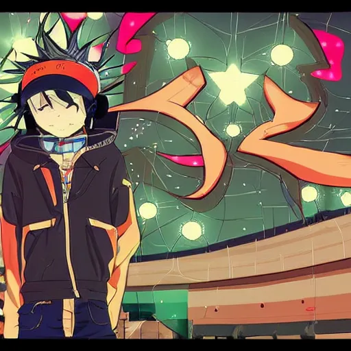 Image similar to anime boy with eccentric clothes, long spiky hair, cel - shading, 2 0 0 1 anime, flcl, jet set radio future, night, night time, entertainment district, japanese city at night, lines of lights, christmas lights, rollerskaters, cel - shaded, jsrf, strong shadows, vivid hues, y 2 k aesthetic