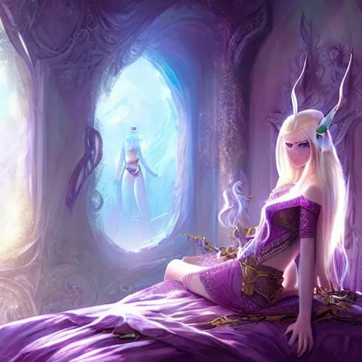 Prompt: fantasy art elven girl bedroom, by ross tran