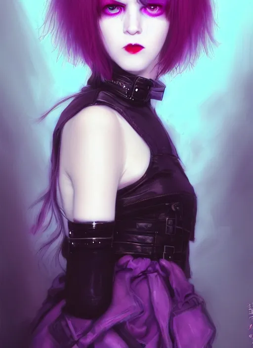 Image similar to portrait of white teenage girl, normal face, white bangs, mall goth, cyberlox, black and white hair, bangs, fluffy bangs, red contact lenses, purple lipstick, intricate, elegant, highly detailed, digital painting, artstation, concept art, sharp focus, smooth, illustration, art by wlop, mars ravelo and greg rutkowski