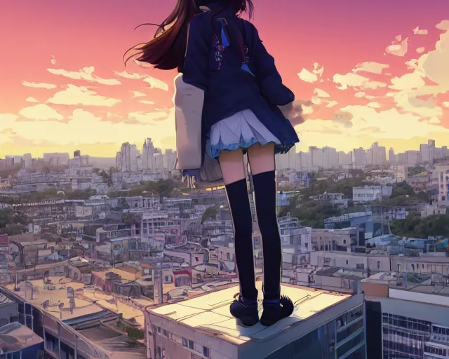 Image similar to teen standing on the roof of a building, sunset, bird eye view, fisheye view, illustration, by pine ( ハイネ ) and 薯 子 imoko and 香 川 悠 作 and wlop and maya takamura, highly detailed, trending artstation, pixiv, digital art