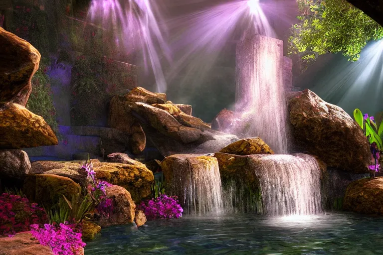 Prompt: a fantasy enchanted waterfall. cinematic lighting. photorealism.