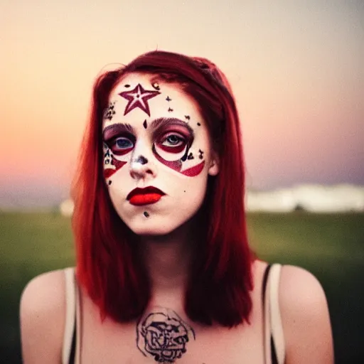 Image similar to beautiful young woman with gutterpunk pen ink face tattoos at golden hour, stars in background, cinematic diane arbus, leica s, fuji 8 0 0, grainy, low light