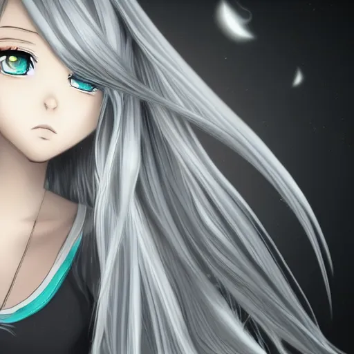 Image similar to young girl with long wavy light silver hair, with blackness instead of eyes, anime