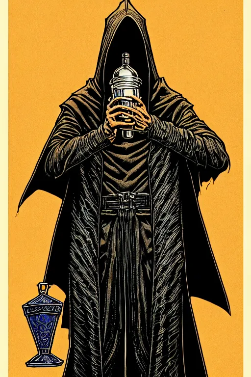 Image similar to wizard in a hooded cloak holding a flask, high details, intricately detailed, by vincent di fate, inking, 3 color screen print, masterpiece, trending on artstation,, sharp, details, hyper - detailed, hd, 4 k, 8 k