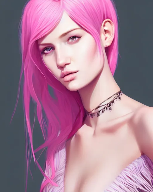 Image similar to portrait of beautiful girl with pink hair, low cut dress, boho chic. symmetry face, fine details. realistic shaded lighting, by sakimichan, kidmo, trending on pixiv, trending on artstation