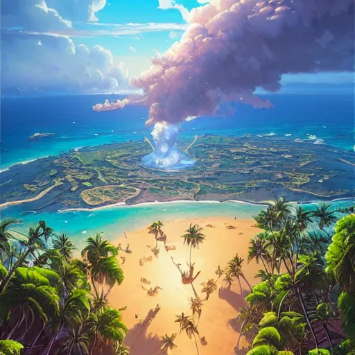 Image similar to a painting a breathtaking aerial view of Hawaiian islands with Pirates, surrounded by palm trees, clouds, flowers, volcano, azure ocean, sunlight glistening, glow, , a detailed matte painting by sylvain sarrailh, Stephan Martinière, by RHADS, Makoto Shinkai, bokeh, Artstation contest winner, fantasy art, concept art, #vfxfriday